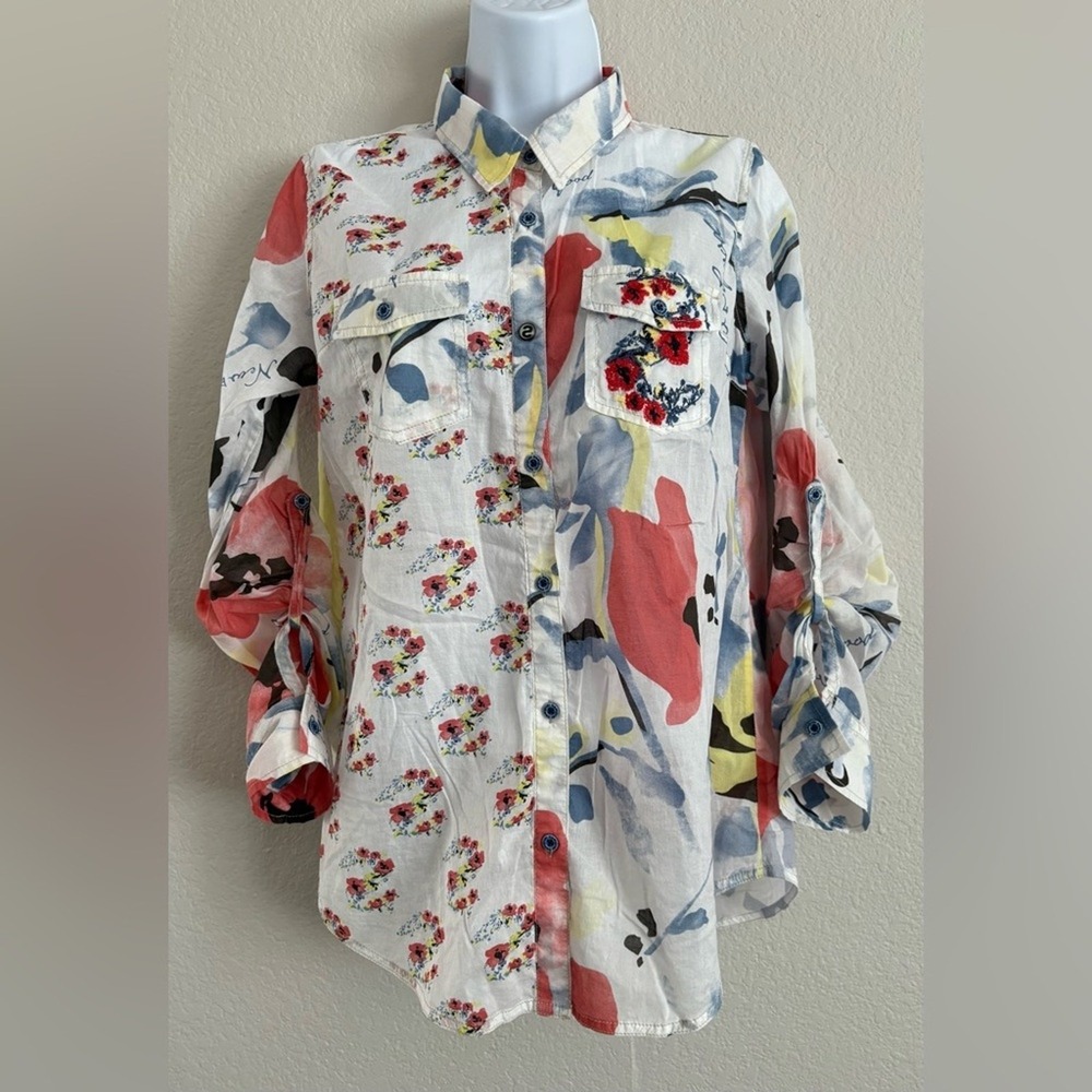 Desigual Cam Fabra Button Front Roll Tab Blouse Artsy Abstract Embroidered Sz L